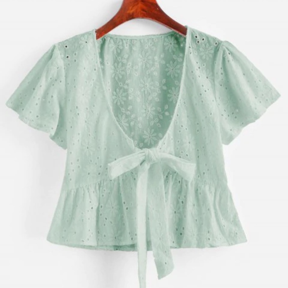 Zaful Tie Front Flounce Eyelet Blouse